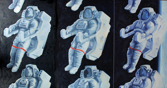 Oil painting depicting astronauts floating through space.